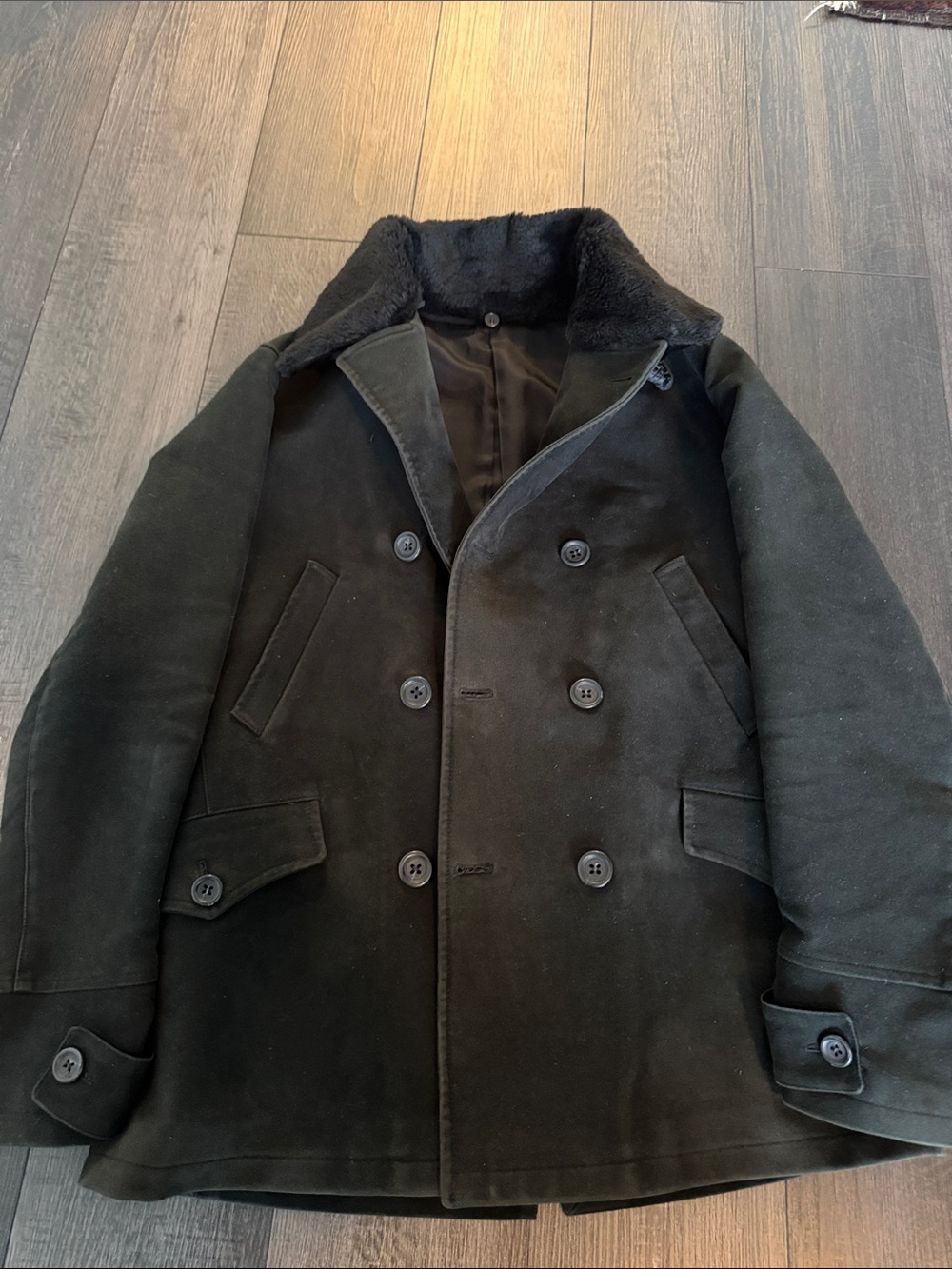Emporio Armani Black Double-Breasted Peacoat with Shearling Collar